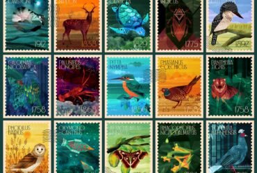 a grid of 15 colorful stamps featuring birds, deer, butterflies, and more