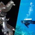 two images: an astronaut on a spacewalk and a scuba diver