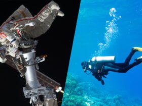 two images: an astronaut on a spacewalk and a scuba diver