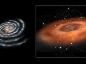 This artist concept illustrates the frenzied activity at the core of our Milky Way galaxy. The galactic center hosts a supermassive black hole in the region known as Sagittarius A*, or Sgr A*, with a mass of about four million times that of our sun.