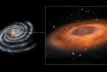 This artist concept illustrates the frenzied activity at the core of our Milky Way galaxy. The galactic center hosts a supermassive black hole in the region known as Sagittarius A*, or Sgr A*, with a mass of about four million times that of our sun.