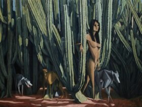 a nude woman wanders through cacti while dogs surround her