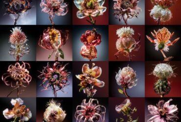 a grid of vibrant, otherworldly flowers, some with insects, water droplets, and various tendtrils