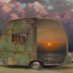 a painting of a trailer camper with half the side revealing a sunset. pink and white clouds float in the background