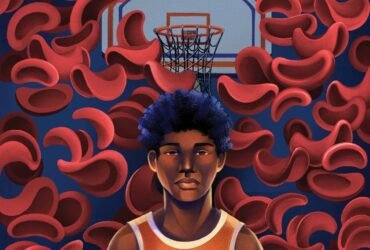 Illustration of a young black boy in front of a basketball hoop, surrounded by blood cells