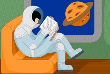 Girl in a spacesuit reading a book on an interstellar train