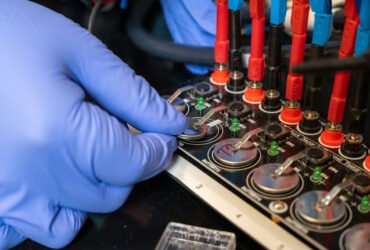 cell batteries with hand in purple glove