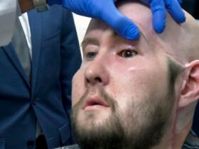 A man who received an eye and partial face transplant is examined by a doctor