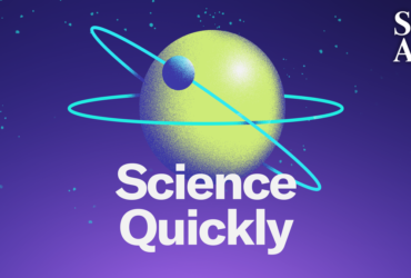 A small blue sphere orbits a larger green sphere against a purple background, with "Science Quickly" written underneath.