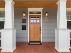 Front door of a pretty Craftsman-style home