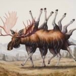 an oil painting of a moose with numerous additional legs on its back and rear