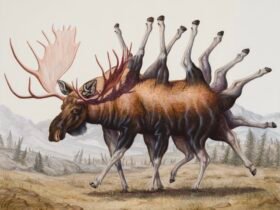 an oil painting of a moose with numerous additional legs on its back and rear