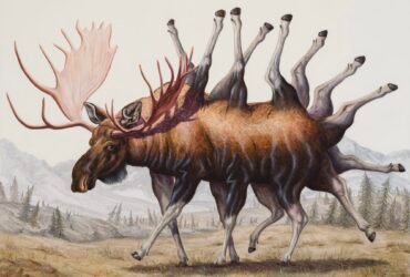 an oil painting of a moose with numerous additional legs on its back and rear