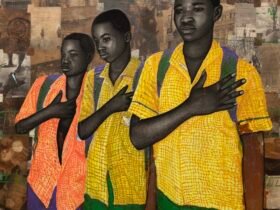 a collaged portrait of three young boys wearing yellow shirts, standing with their hands on their chests in front of a background of black-and-white photos