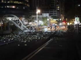 Crane sits on the street after crashing down into the building.