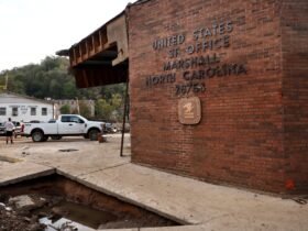 A view of a United States Post Office, damaged by flooding.