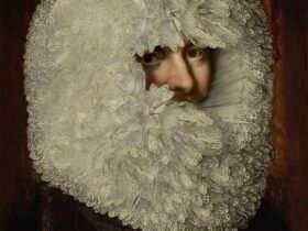 a digitally reimagined portrait showing a man with a lace ruff that ridiculously covers his head and his face