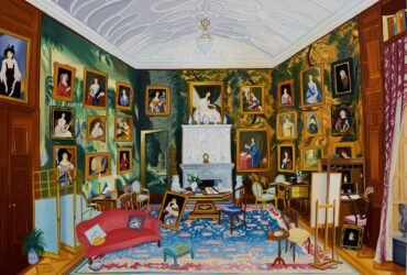 an oil painting of a historic home with numerous paintings hanging salon-style on green walls