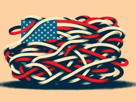 Digital art of an unraveling American flag