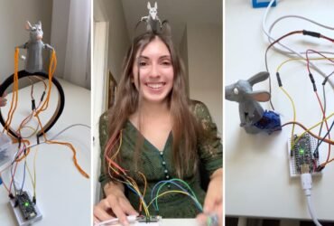 three photos: a rat holding orange string, a woman with a robot rat on her head and a robot rat with wires coming out of it