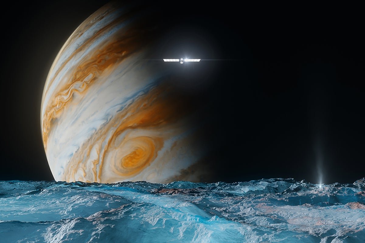 Artist’s concept depicts NASA’s Europa Clipper spacecraft as it orbits Jupiter and passes over the gas giant’s ice-covered moon Europa