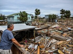 Man looking out to destroyed homes from his deck.