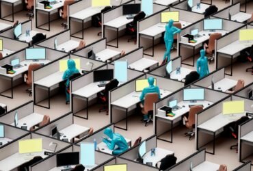 Computer generated 3D illustration of five office workers interspersed amongst mostly empty cubicles and desks in a large open space office