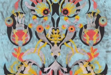 a symmetric, abstract work with floral like patterns. the color palette is largely black, pink, and yellow on light blue