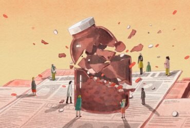 An illustration of people standing around a monstrously large pill bottle that is exploding