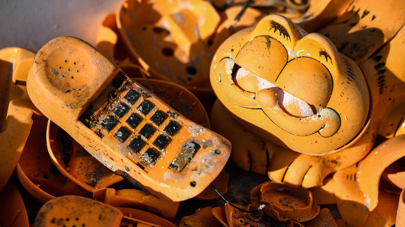 Spare parts of plastic 'Garfield' phones are displayed on the beach on March 28, 2019 in Plouarzel, western France, after being collected from a sea cave by environmental activists.