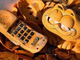 Spare parts of plastic 'Garfield' phones are displayed on the beach on March 28, 2019 in Plouarzel, western France, after being collected from a sea cave by environmental activists.