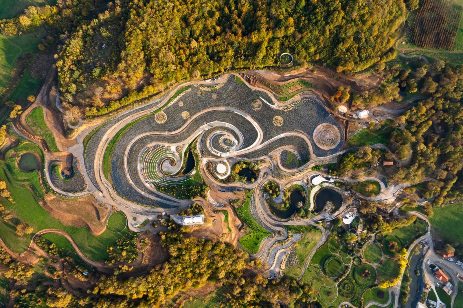 an aerial view of an elaborate hillside garden and landscape design inspired by the curling forms of Vincent van Gogh