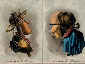 the lower half of a page of aquatint illustrations portraying composite heads of a musician and a barber made of their respective instruments