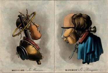 the lower half of a page of aquatint illustrations portraying composite heads of a musician and a barber made of their respective instruments