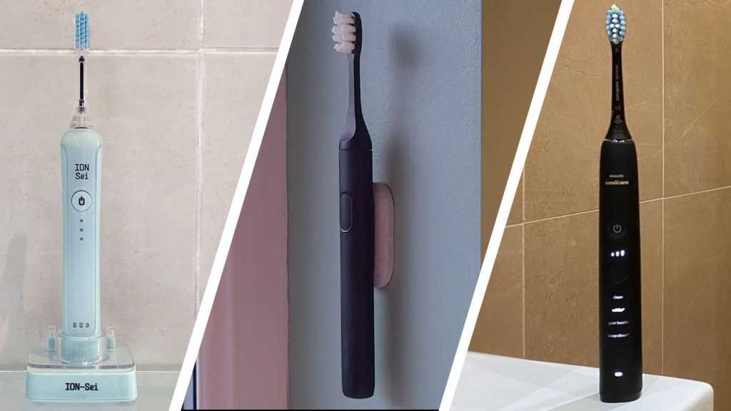 Three electric toothbrushes against different backgrounds