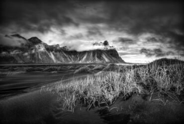 a black-and-white photograph of an Iceland landscape