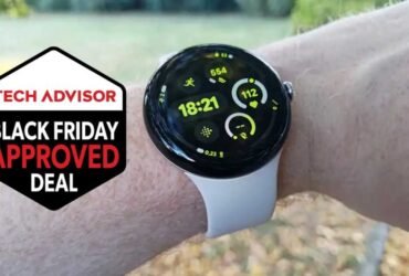 Google Pixel Watch 3 next to Tech Advisor Black Friday Approved Deal badge