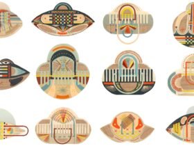 a set of 12 UFO-inspired abstract paper and stitched collages