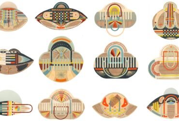 a set of 12 UFO-inspired abstract paper and stitched collages