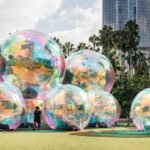 a collection of large iridescent bubbles