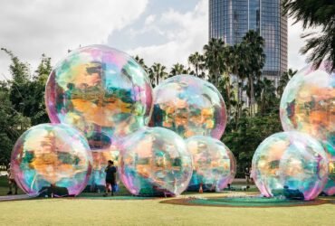 a collection of large iridescent bubbles