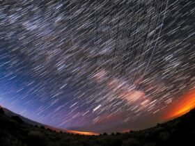 A timelapse image of satellite tracks in the sky.