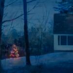 a painting of a nighttime winter scene with part of a house and a glowing christmas tree