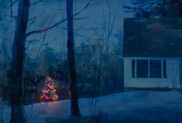 a painting of a nighttime winter scene with part of a house and a glowing christmas tree