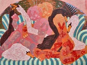 a vibrant work of people and swan sitting on a green striped couch in a mishmash of limbs. the color palette is largely orange, pink, and red