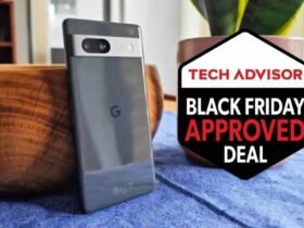 Google Pixel 7a next to Tech Advisor Black Friday Approved Deal badge