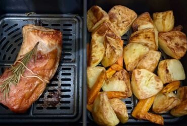 Turkey and roast potatoes and carrots in an air fryer