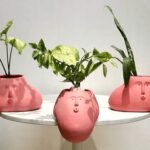 three pink blob-like vases that hang over the edge of a table. each holds leafy green plants and each has a face.