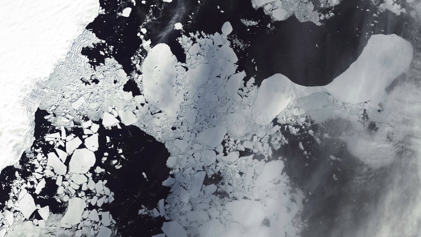 The former Conger ice shelf is shown as a white mass on Earth