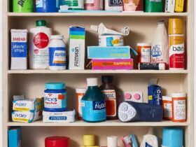 a paper mache sculpture of a medicine cabinet filled with over the counter medicines, prescriptions, and other bathroom goods